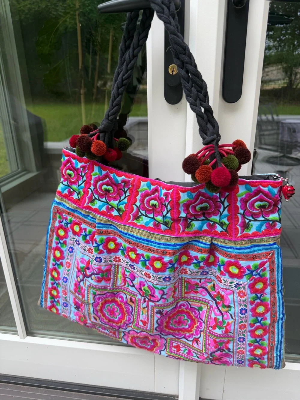 Expressions NYC Boho Embroidered Pom Pom Tote Bag